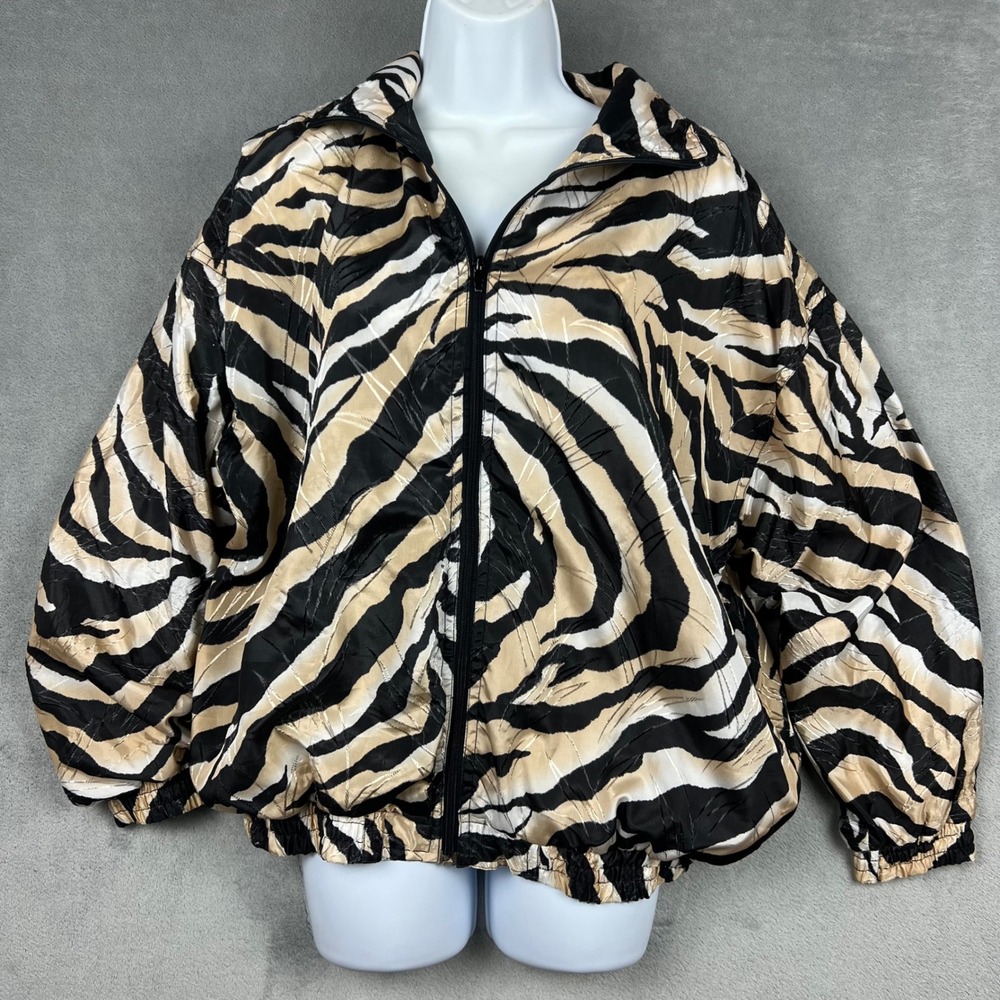 VTG Kaktus Women Zebra Tiger Animal Print Zip Up Jacket Windbreaker Silk 80s 90s